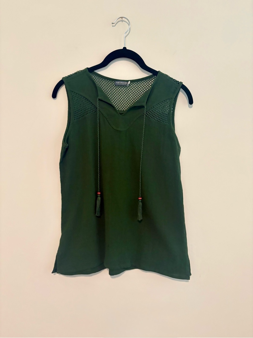 Boho Dark Forest Green Tassel Detail Blouse Tank Top
